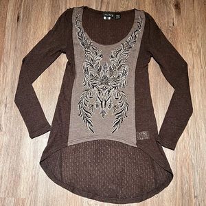 NWOT Miss Me brown hi low knit long sleeve tunic, tribal design